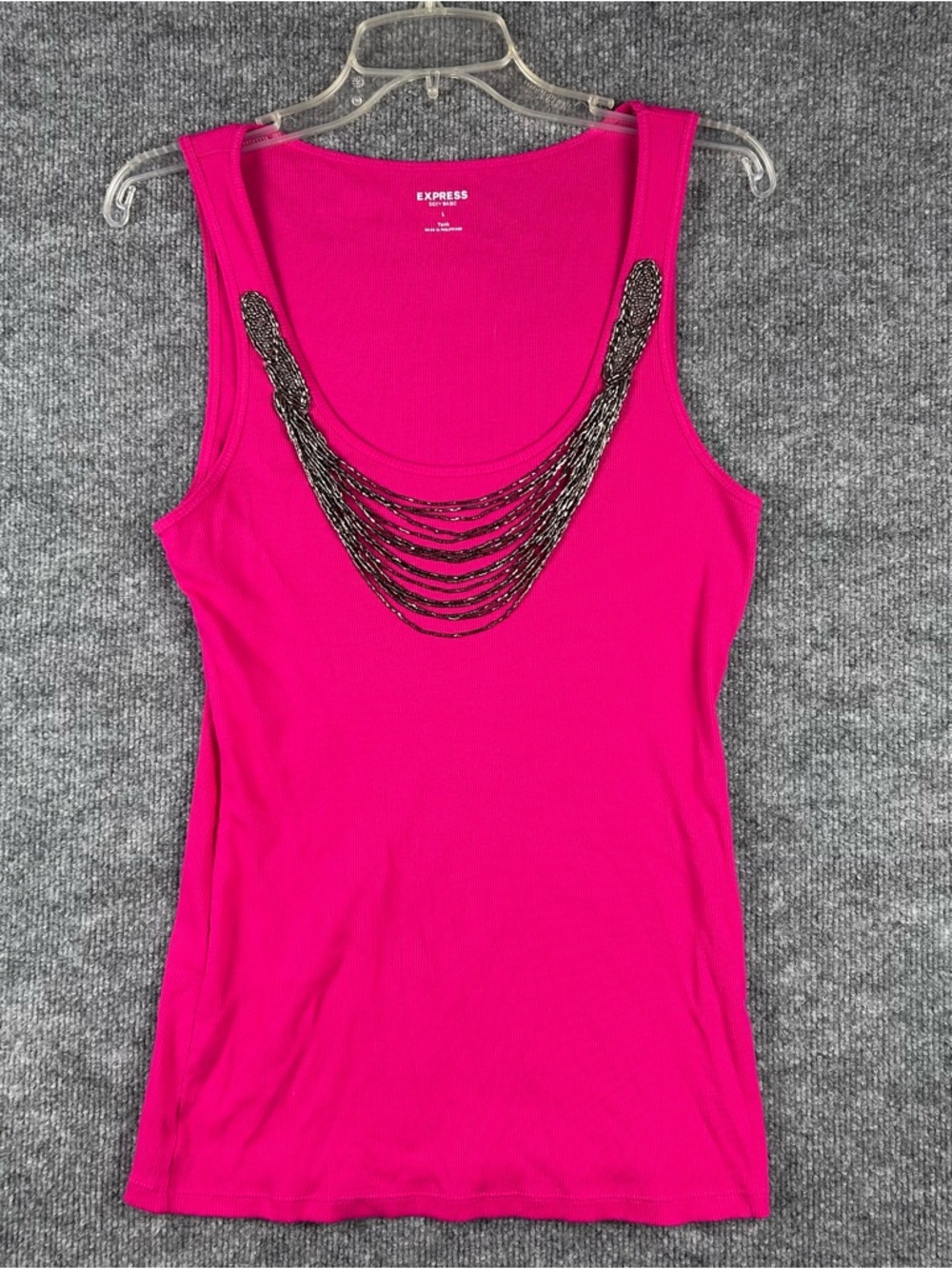 Express Sexy Basic Hot Pink Ribbed Tank Beaded Necklace Y2K Going Out L